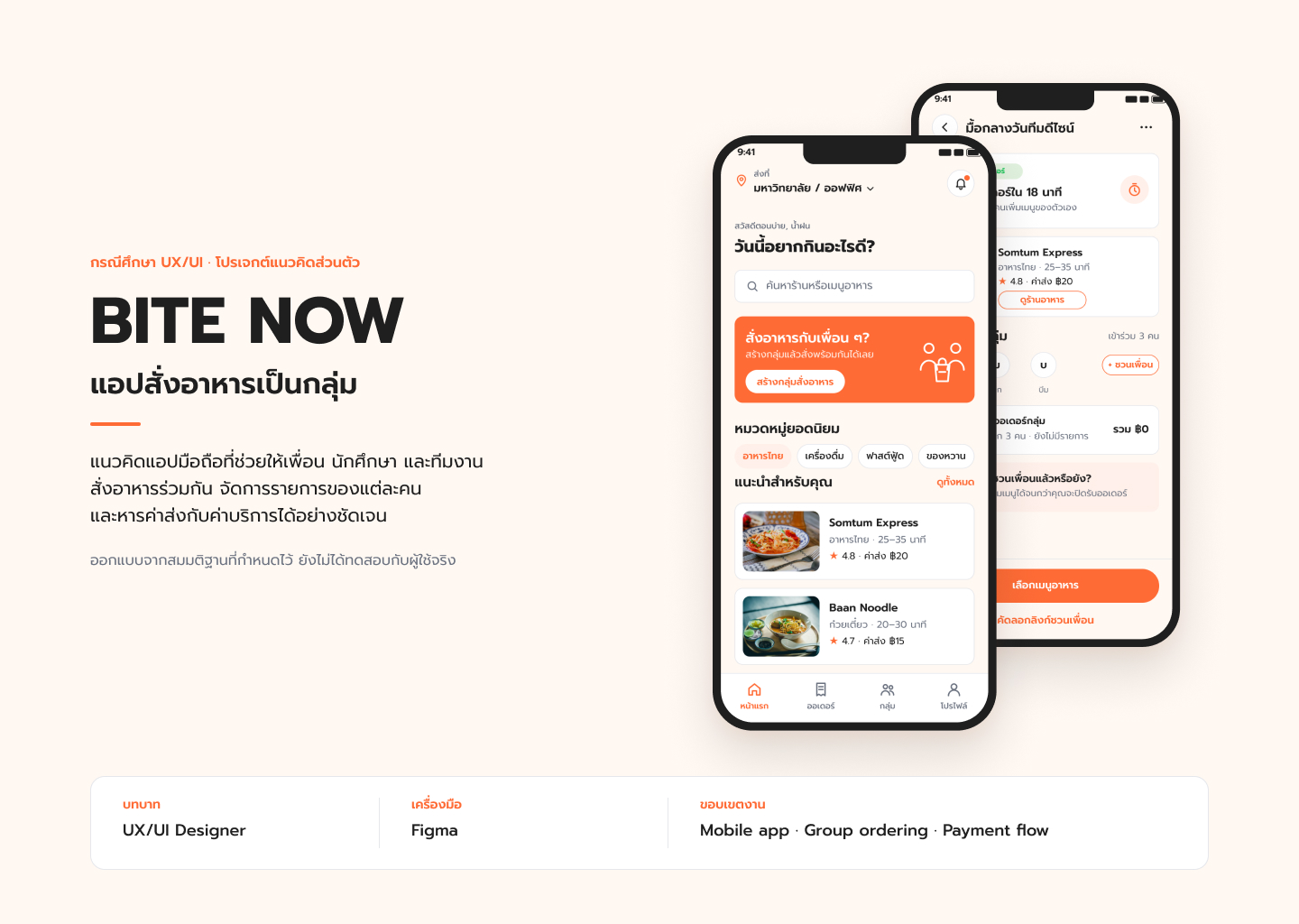 หน้าปก Case Study BITE NOW พร้อม Mockup หน้าแรกและหน้ากลุ่มสั่งอาหารบน iPhone