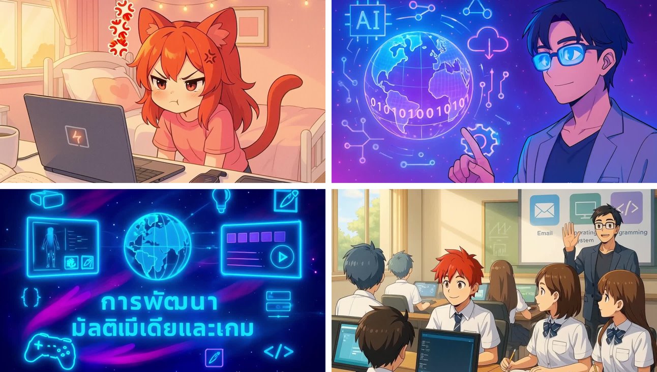 4 เฟรมจากวิดีโอ: เด็กสาวหน้าคอมพิวเตอร์ ผู้นำทางอธิบายเรื่อง AI ชื่อแขนงวิชาในสาขา และบรรยากาศห้องเรียน