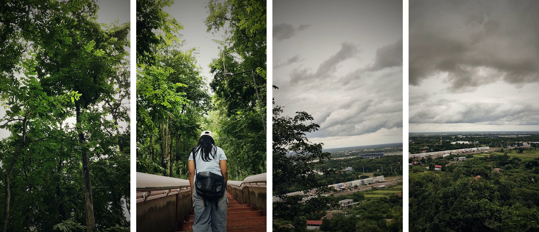 4 เฟรมจากคลิป: ป่าริมทาง บันไดระหว่างเดินขึ้น วิวเมืองจากยอดเขา และลานบนยอดเขา